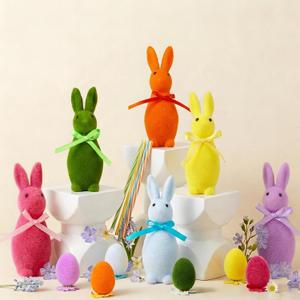 6 PCS Flocked Easter Bunnies Decors Set with 6 Colorful Eggs & Stakes, Rabbits & Eggs Figurines, 6 in Standing Bunny Decor for Interactive Egg Hunt, Home Table Centerpiece, Spring Party Supplies