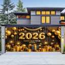 Happy New Year Banner 13x6ft New Year Eve Celebration 2026 Garage Door Banner Elegant Black and Gold Backdrop New Year's Eve Garage Door Cover Decoration for Celebration Party Indoor Outdoor House Wall Background