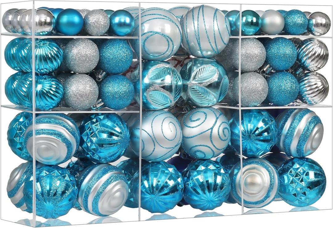 100Pcs Christmas Ball Ornaments Set, Shatterproof Plastic Blue and Silver Christmas Ornaments for Xmas Tree, Assorted Baubles Hanging Decorations for Holiday/Party/Wedding