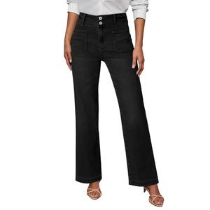 Sidefeel Women's Jeans Straight Leg High Waisted Tummy Control Pockets Front Denim Pants Deep Black Size 6