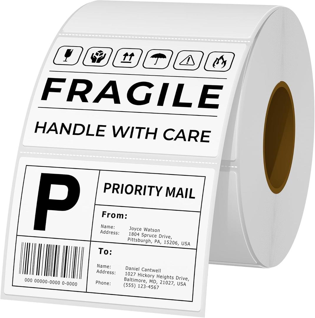 3x2in Thermal Labels Adhesive Direct Thermal Sticker Labels with Perforated Line, 1000 Sheets/1 Roll, White, for Barcode, Product, Inventory, Address, Mailing