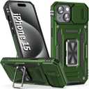 Case for iPhone 15 Phone Case iPhone 15 Case with Slide Camera Cover, with Finger Ring Holder Stand, fit Magnetic Car Mount, for iPhone 15 (Olive Green)