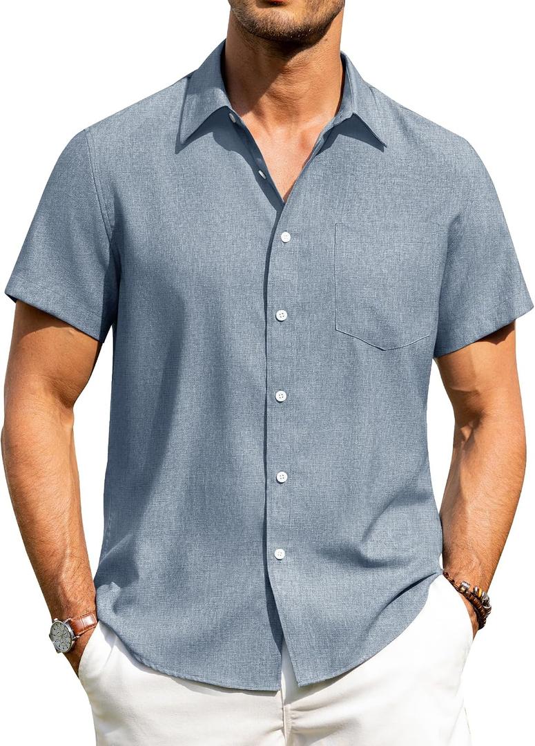 Alimens & Gentle Mens Linen Shirts Short Sleeve Button Down Shirts Wrinkle Free Casual Vacation Beach Summer Tops (Blue, L)