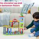 Jasey's Toy Chest Wooden Busy Wheels Garage Playset | 3-Level Wooden Garage with Elevator, Car Wash, Gas Station & Helipad + 2 Cars & 1 Helicopter | for Children Ages 3+, Child-size