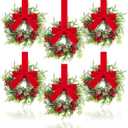 Dingion 6 Pcs Mini Christmas Kitchen Cabinet Wreath Small Christmas Wreath Decorations Norfolk Pine Artificial Berries Snowy Pine Garland with Red Ribbon for Xmas Table Centerpiece Front Door Decor