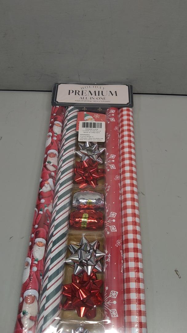  Christmas Wrapping Paper Set, Classic Santa & Snowflake & Plaid Design with Gift Bow & Ribbons & Tags, Perfect for Holiday, Season Party, 30 Inch X 10 Feet (4Rolls, 100 sq.ft.ttl.)