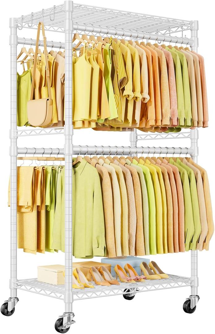 ULIFHOME P4 Rolling Clothes Rack Heavy Duty, Clothing Racks for Hanging Clothes, Freestanding Garment Racks with Wheels, Metal Portable Closet Rack 35.5''W 20.5''D 80.5''H, Max Load 560Lbs, White