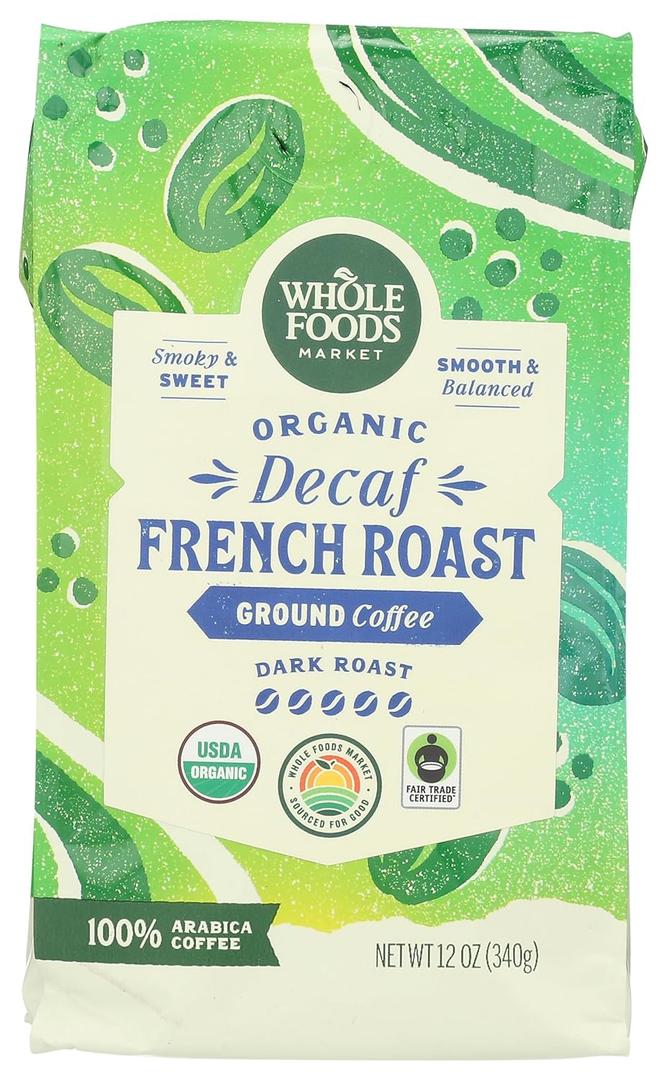 Whole Foods Market, Organic Decaf Ground Coffee, Dark French Roast, Smoky & Sweet, Smooth & Balanced, 12 Ounce (EXP 05/24/26)