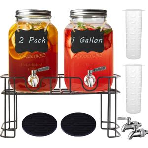 1 Gallon Glass Drink Dispensers for Parties,2 Pack Beverage Dispenser with Stand and Stainless Steel Spigot,Glass Water Lemonade Dispenser with Ice Cylinder for Party Drink,Iced Tea,Kombucha