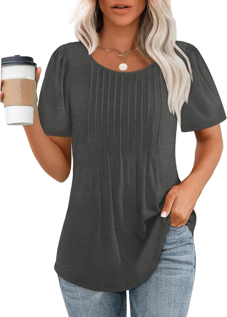 OFEEFAN Womens T Shirts Short Sleeve Pleated Dressy Casual Scooped Neck Summer Tops Blouses (XX-Large, 04-dark Grey)