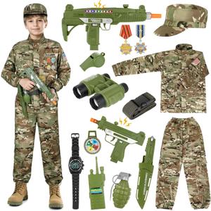 GIFTINBOX Army Costume for Kids, 15PCS Soldier Military Costume Dress Up Role Play Set with Army Accessories, Halloween Costumes for Boys  Halloween Birthday Gift for Kid (Green, M)