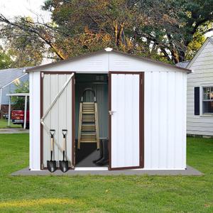 10x8 FT Garden Metal Sheds with Waterproof Roofs and Lockable Doors,Outdoor Storage Tool House W/Punched Vents,Backyard Office Shed,for Bike,Barbeque,White+Coffee
