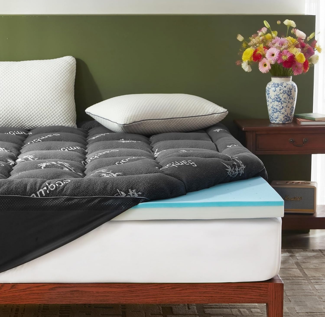 BEDLORE 4 Inch Memory Foam Mattress Topper King,2-in-1 Dual Layer Design (2" Gel Memory Foam + 2" Plush Pillow Top Cover) Mattress Topper Medium-Firm,Pressure Relief & Back Pain Support(Dark Gray)