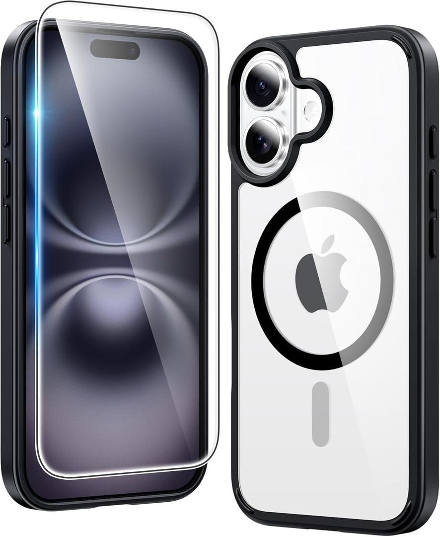 FNTCASE for iPhone 16 Plus Case: Clear Magnetic Phone Cases with Screen Protector Compatible with Magsafe Slim Anti Yellowing Rugged Shockproof Protective Transparent Cell Phone Cover (B-Black)