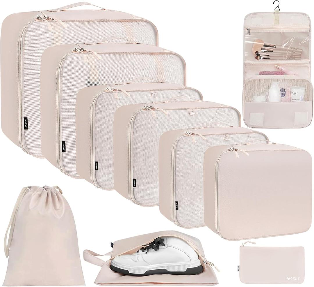 BAGAIL 6 Set/8 Set/10 Set Packing Cubes Various Sizes Packing Organizer for Travel Accessories Luggage Carry On Suitcase (Cream)