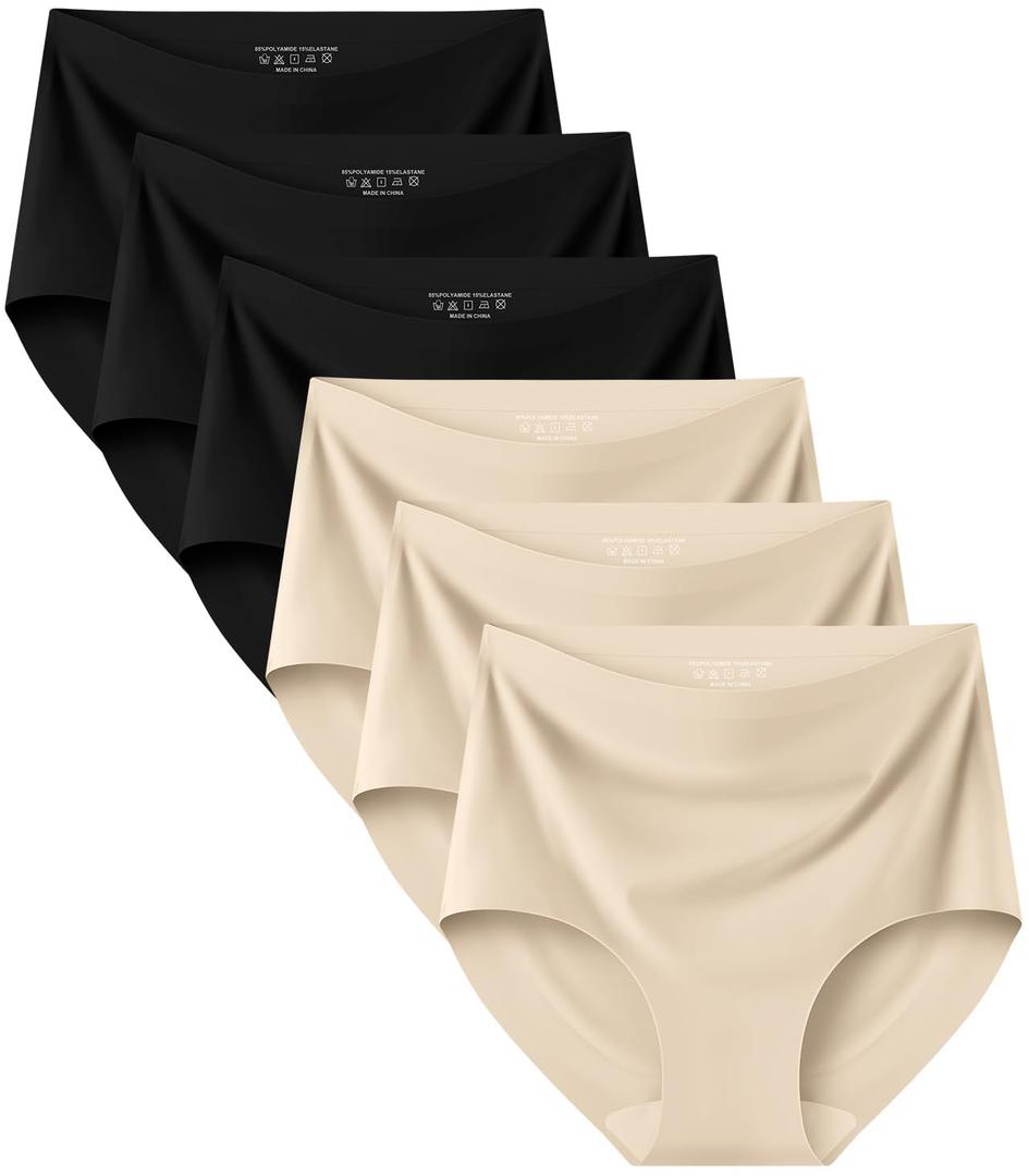 Kalapa Seamless Womens Underwear High Waisted No Show Briefs Silky Stretch Breathable Full Coverage Ladies Panties Multi Pack (US, Alpha, X-Large, Regular, Regular, 3Black 3Nude)
