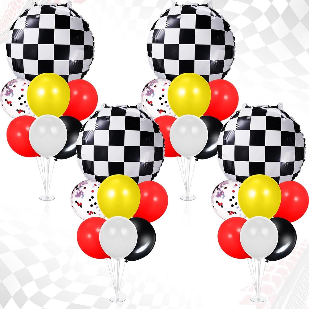 4 Sets Race Car Party Balloons Stand Kit Racing Car Table Centerpieces Decor with Black White Checkered and Red Yellow Black Balloons for Birthday Party, Baby Shower, Wedding Supplies