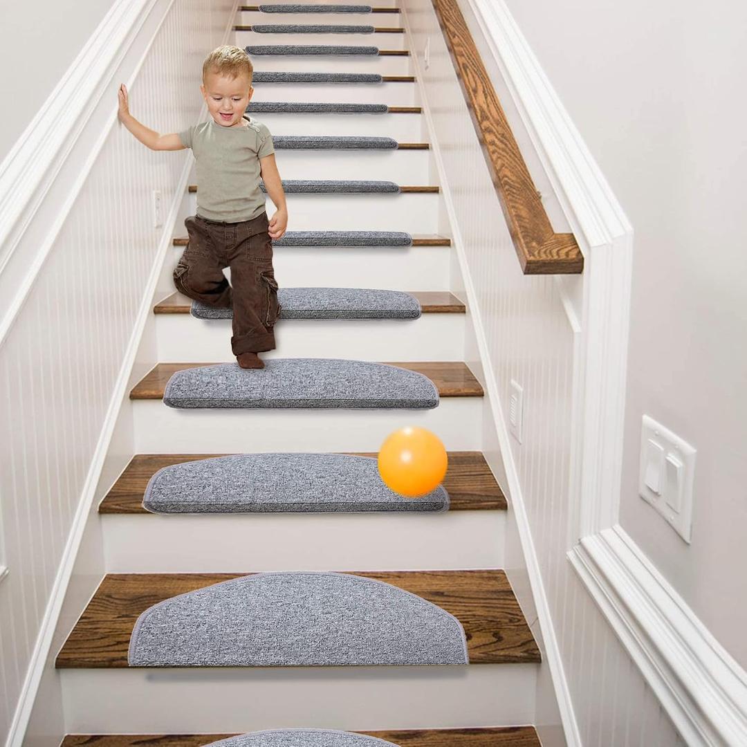 Qingbei Rina Bullnose Stair Treads Non-Slip for Wooden Steps,13PCS/8.7 * 26 Inch Indoor Stair Carpet Runner,Cover,Mat for Dogs Baby Pets,Comfort Semi Circular(Grey), 13 Pcs 8.7''x26''