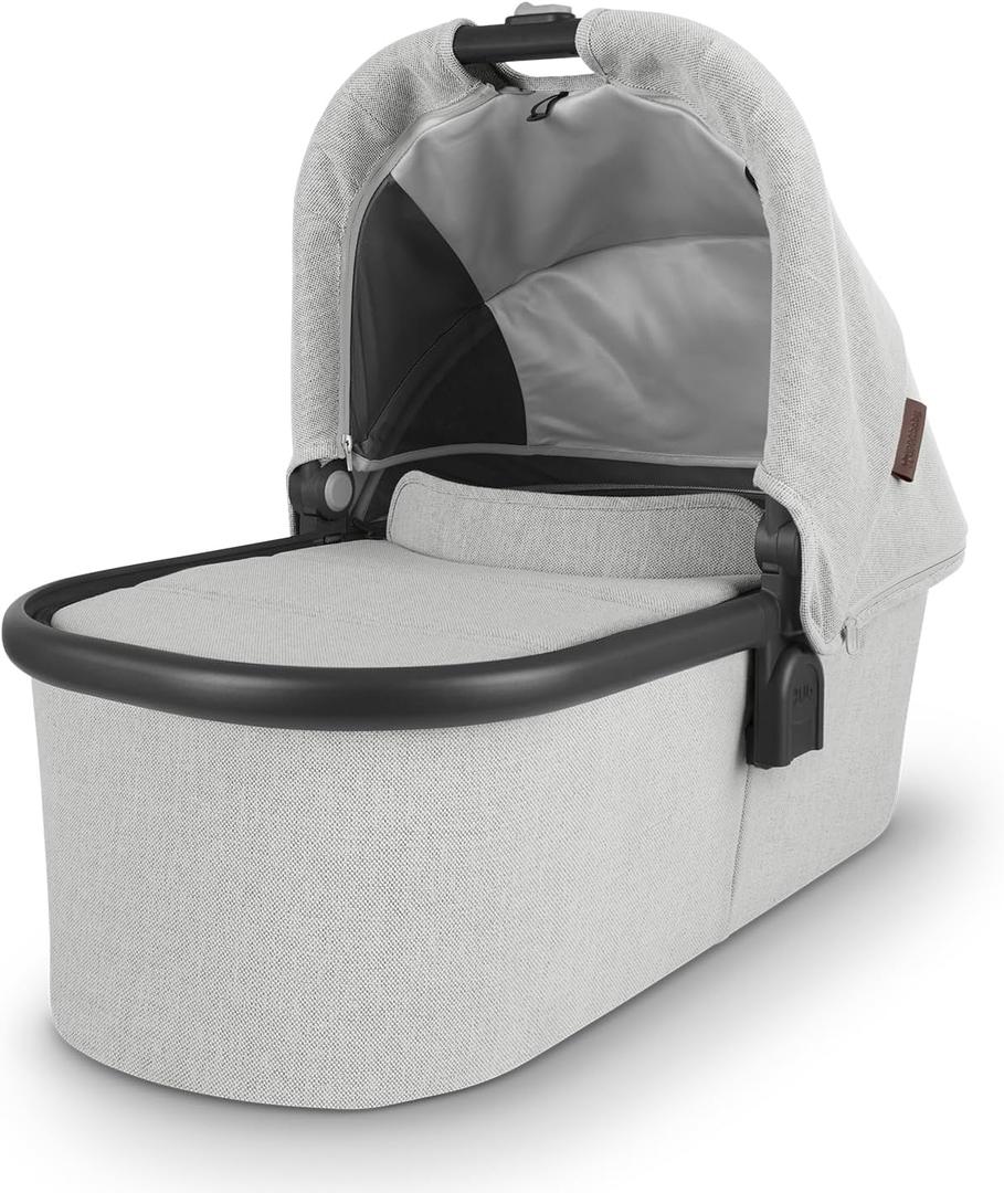 UPPAbaby Bassinet/ Compatible with Vista, Cruz, Ridge, Minu Strollers/ Overnight Sleep Solution/ Mattress, Sheet, and Bug Shield Included/ Anthony (White and Grey Chenille/ Carbon Frame)