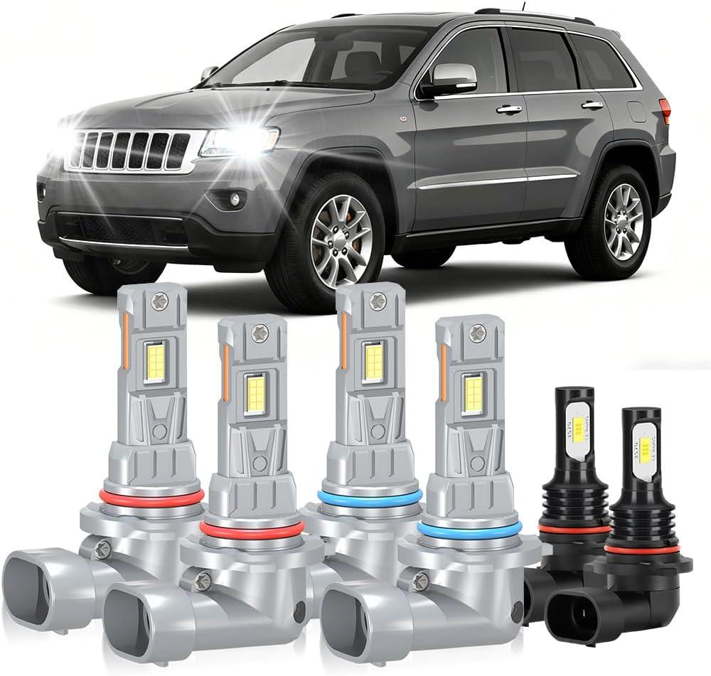 Compatible For Jeep Grand Cherokee High and Low Beams Fog Lights Bulbs 1999 2000 2001 2002 2003 2004 2005 2006 2007 2008 2009 2010, 6000K White, 20000LM 800% Brightness, Plug n Play, 6PCS