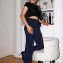 GOKATOSAU Women's Hight Waist Decorative Front Pocket Trousers Straight Wide Leg Long Flared Pants Navy (M)