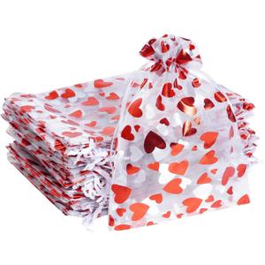Bskifnn 50PCS Love Heart Printed Valentine Candy Bags Organza Bags Gift Jewelry Bags for Wedding Valentine's Day Mother's Day Party (Red, 3.9 x 4.7inch) (1 Count (Pack of 50))