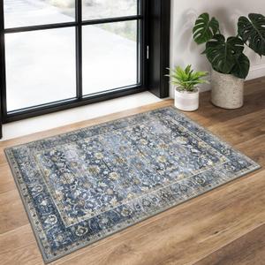 KUTA Vintage 2x3 Rugs for Entryway, Non-Slip Washable Kitchen Rugs & Indoor Door Mat with Floral Print, Blue Grey Beige Ultra Thin Soft Low-Pile Throw Rug for Front Door, Bedside, Small Spaces