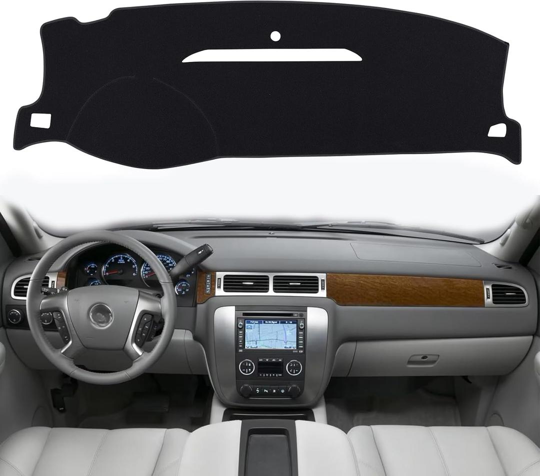 Dashboard Dash Cover Mat Carpet Compatible with 07-14 Chevy Tahoe Suburban Denali Avalanche GMC Yukon/XL,07-13 Chevy Silverado Sierra Without Dash Speaker and Only One Glove Box(07-14 Black)
