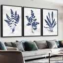 Large Framed Botanical Wall Art - Navy Blue Leaf Wall Decor 16"x24" Set of 3 Minimalist Wall Art Prints Vintage Plant Painting Rustic Fern Canvas Pictures for Living Room Bedroom Office Artwork, 16"x24"x3 Framed