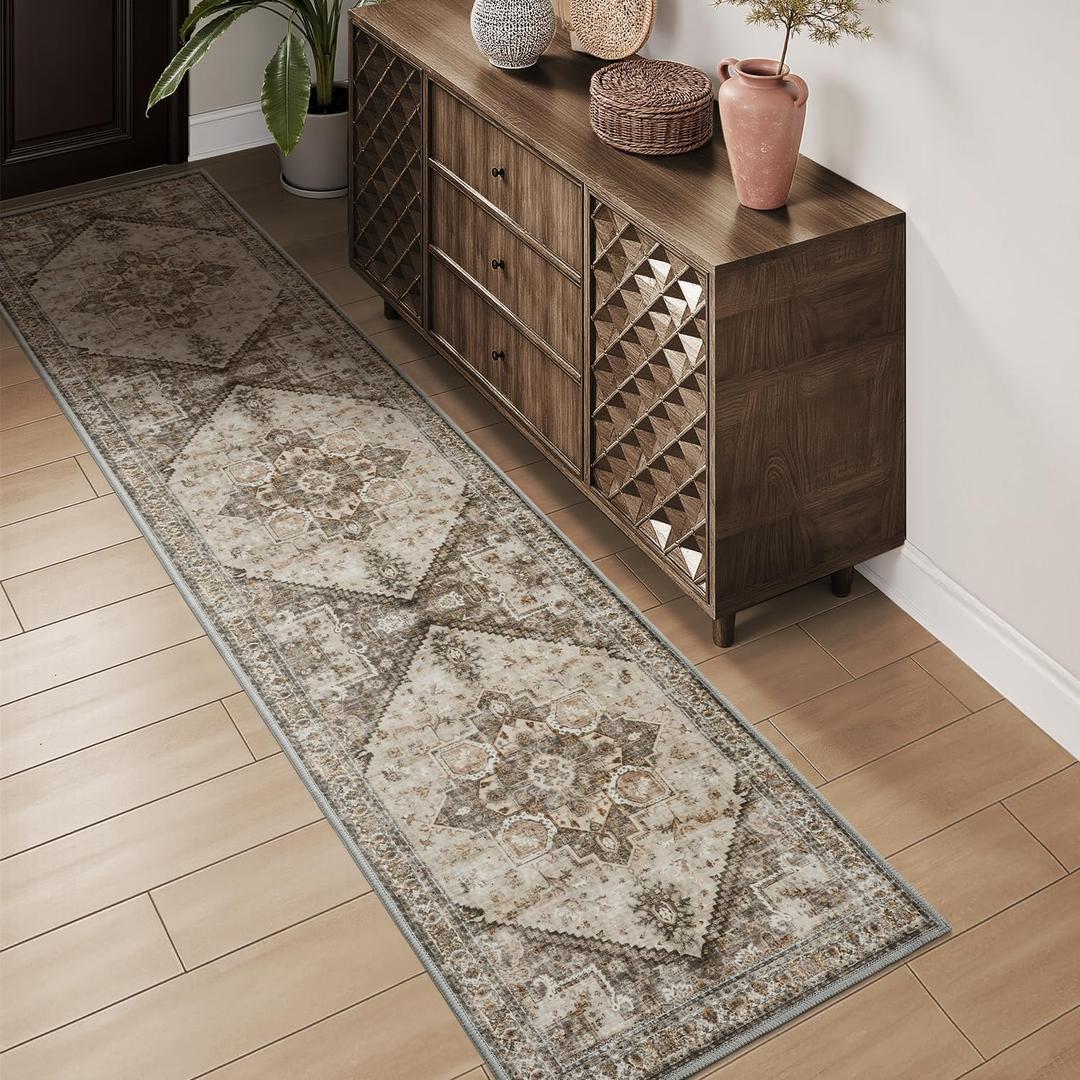 Runner 2x8 Runners for Hallways Runner-Rugs for Bedroom Soft Kitchen Machine Washable Vintage Oriental Floral Medallion Laundry Rug Non Slip Beige