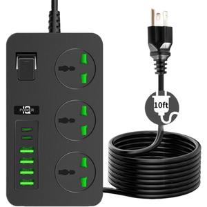 Power Strip 10ft with 4 USB Ports 2 USB C 3 Wide AC Outlets, COOFINE Black Extension Cords, 110-240v, Max 3000w,Universal Outlets Travel Plug Extender for Overseas Work Essentials