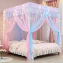 Mengersi Rainbow Canopy Bed Curtains with Lights - Princess Bed Canopy for Girls - Bed Drapes Netting- Bedroom Decoration Accessories,Queen