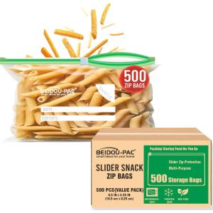BEIDOU-PAC Slider Snack Storage Zip Bags with Stand-Up Bottom, 500 Count | 2 Mil | 6.5 IN x 3.25 IN, Freshness Easy Open Reclosable Clear Plastic Bags for Food On the Go (Slider-snack-500count)