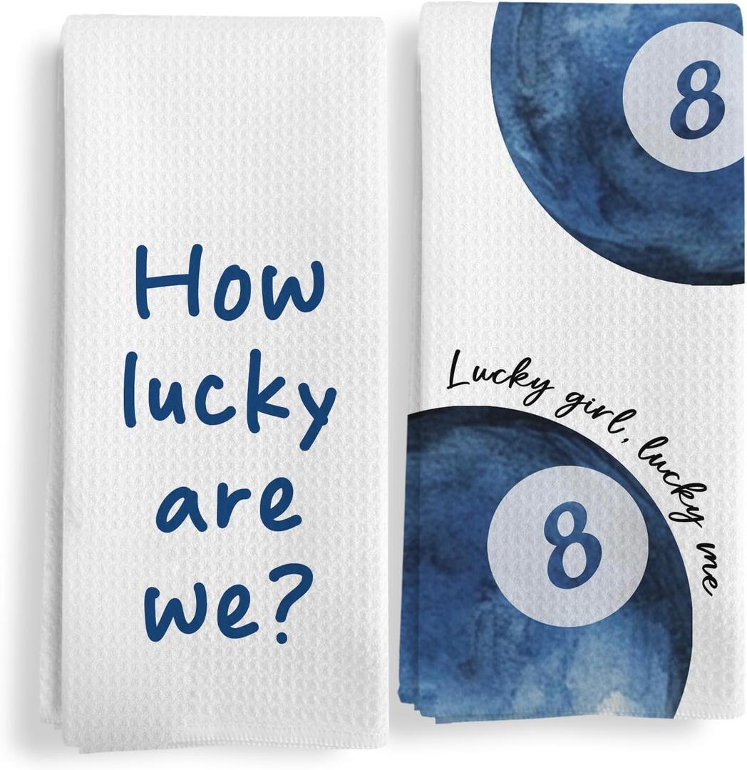 Trendy Funky Retro Blue Kitchen Towels Set of 2, Preppy Girly Hand Towels, How Lucky We are Blue Lucky 8 Ball Decorative Dish Tea Towels for Kitchen, Trendy Preppy Bathroom Decor, 16X24In