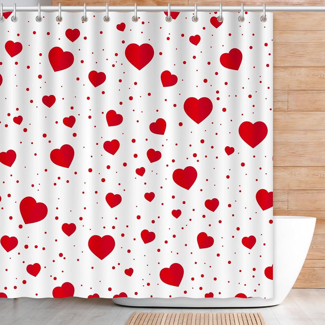 Svepndic 72" x 72" Valentine's Shower Curtain with 12pcs Hooks, Red Hearts Day Shower Curtain for Valentine Bathroom Decorations