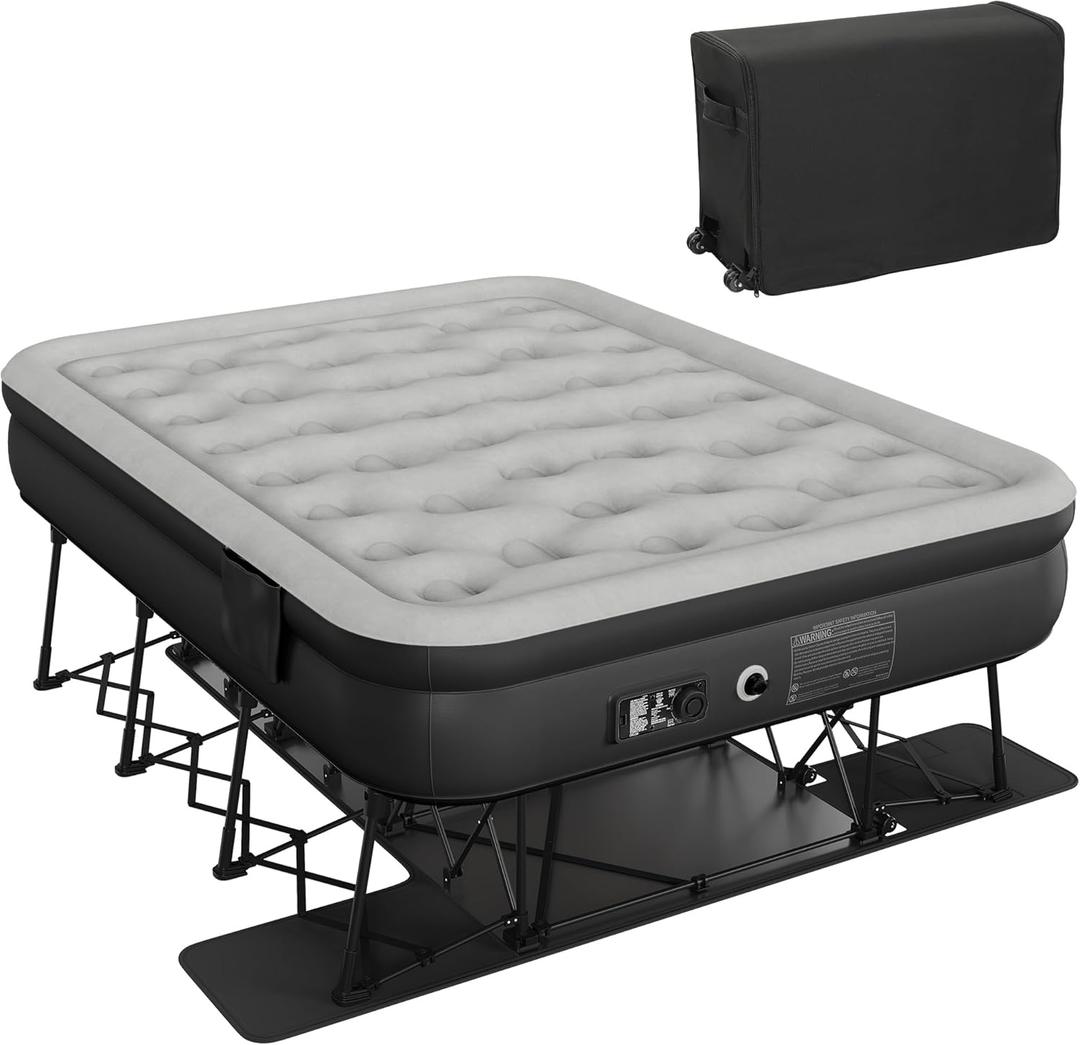 DWVO Inflatable Queen Air Bed with Folding Frame & Rolling Bag, Built-in Pump Blow Up Mattress for Camping, Guest Room & Travel, Portable Air Mattress with Case, 79 x 59 x 28 Inches, Black