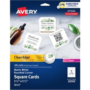 Avery Clean Edge Printable Square Cards with Sure Feed Technology, Rounded Corners, 2.5" x 2.5", White, 180 Blank Cards for Laser Printers (35703)