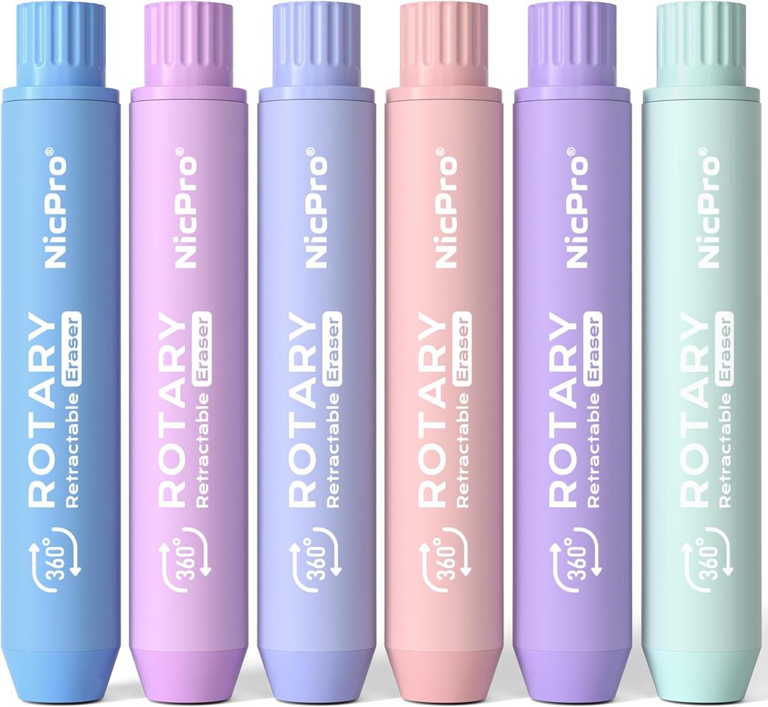 Nicpro 6 Pack Rotary Retractable Erasers, Soft TPE Rubber Twist Large Pencil Erasers in Cute Macaron Colors, Clean-Erasing Eraser for Kids & Students, School Office Supplies Stationary Set