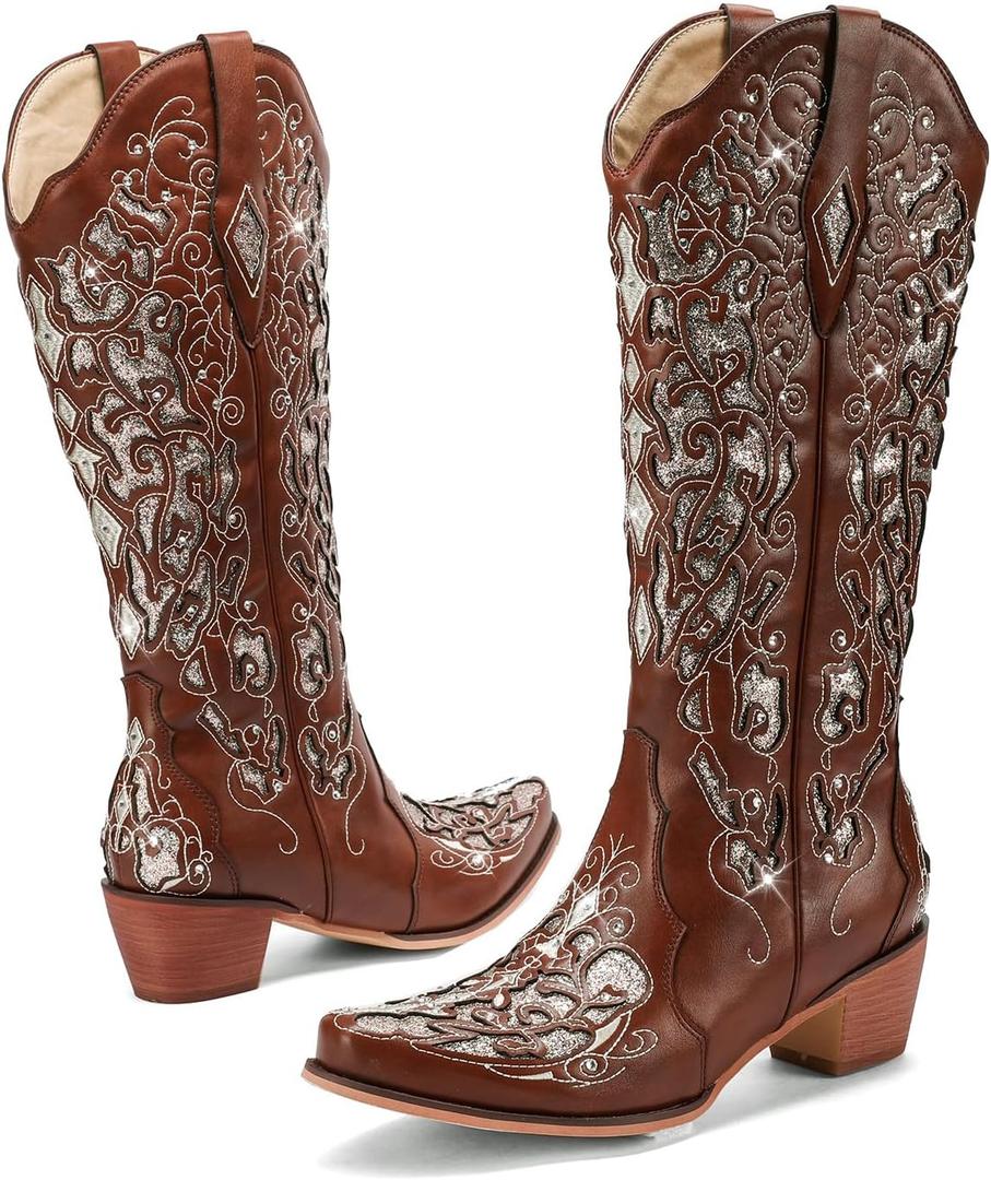 Western Cowboy Boots with Comfortable Calf Black Cowgirl Boot Women Sparkly Rhinestone Wedding Boots Trendy Vintage Tall Glitter Boot with Embroidery and Chunky Heel for Daily Wearing|Office|Party (7, Brown)