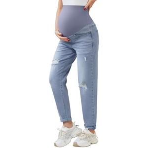 POSHGLAM Women's Maternity Boyfriend Jeans Over Belly Stretch Comfy Loose Casual Denim Pants with Pockets for Everyday Wear Size Medium