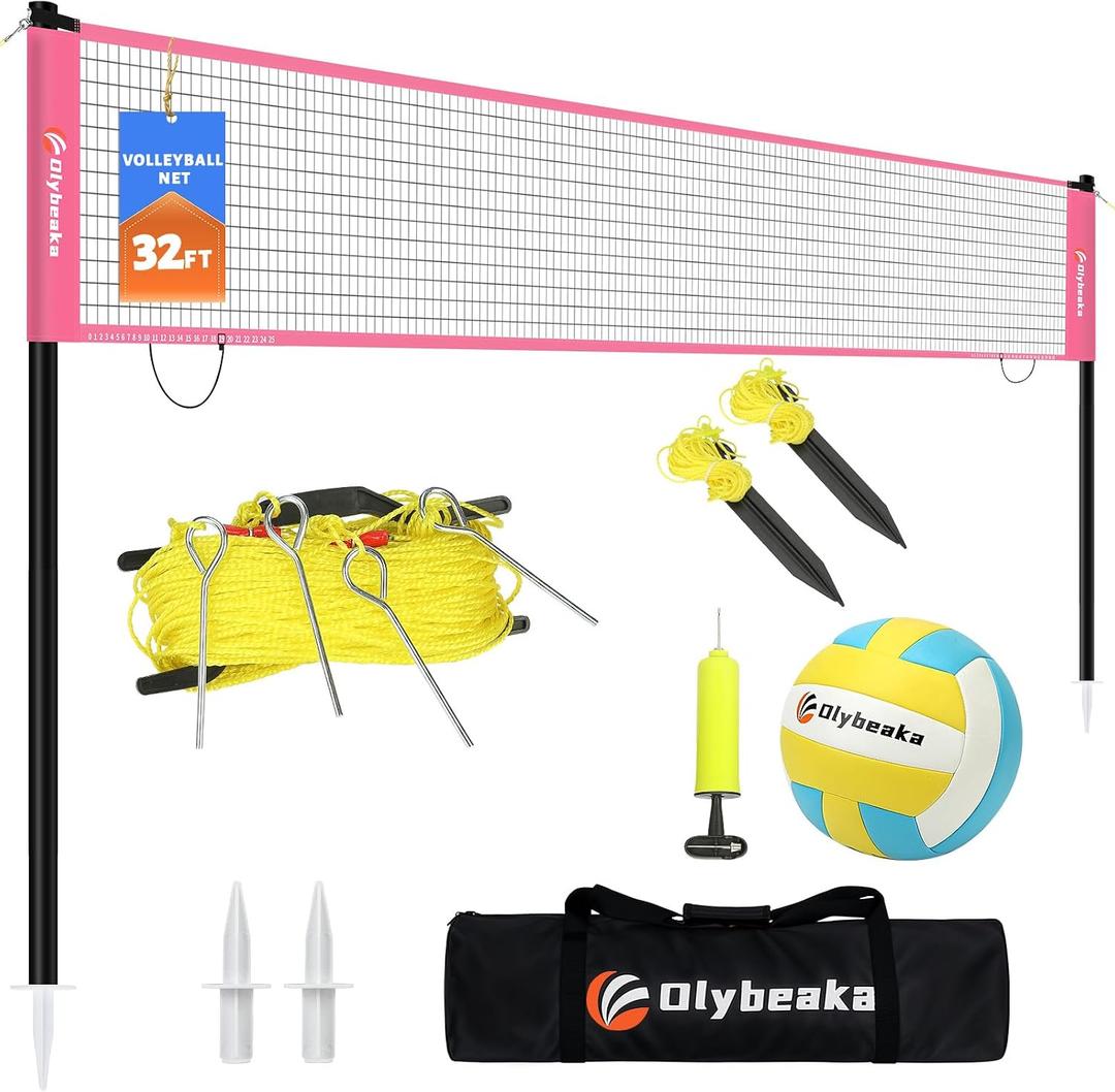 Portable Outdoor Volleyball Net Set for Backyard Beach with Adjustable Poles, Soft PU Volleyball & Pump, Carry Bag and Durable Anti-Sagging Net, 32ft