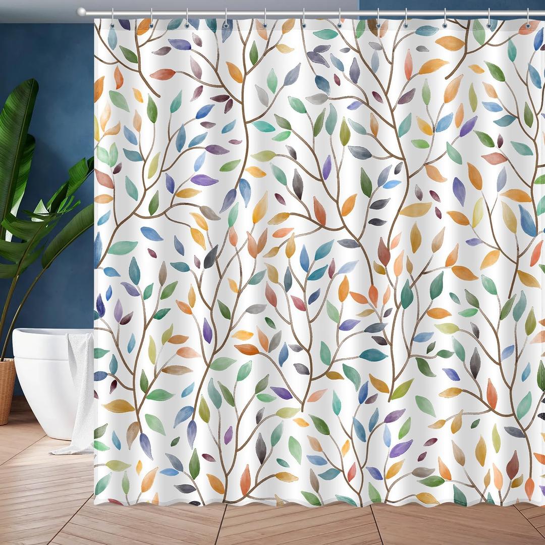 Boho Leaf Floral Shower Curtain, Spring Summer Modern Colorful Botanical Leaves Bohemian Fabric Shower Curtain Set with 12 Hooks, Bathroom Accessories Decor Cloth Curtain 72x72 Inches