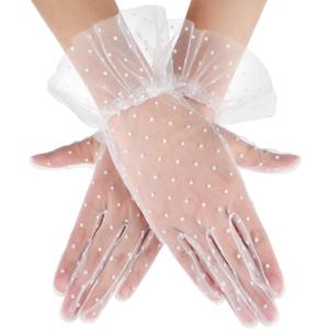 Boao Women Lace Gloves Tea Party Gloves Polka Dot Mitten Evening Elegant Accessories for Sun Protection Funeral Halloween (Pure White)