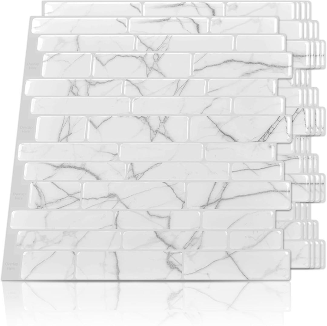Art3d 10-Sheet Peel and Stick Backsplash, 12 in. x 12in. White Marble Design