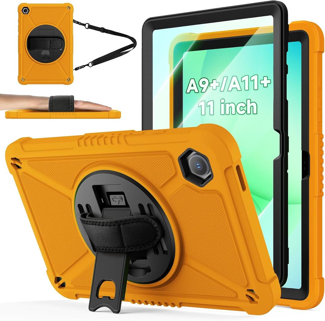 ZtotopCases for Samsung Galaxy Tab A11+ Plus/A9+ 11-Inch 2025/2023, Shockproof Hard Duty Case with Screen Protector+360 Rotating Hand Strap&Stand+Shoulder Strap for Tab A11+/A9 Plus Tablet, Orange