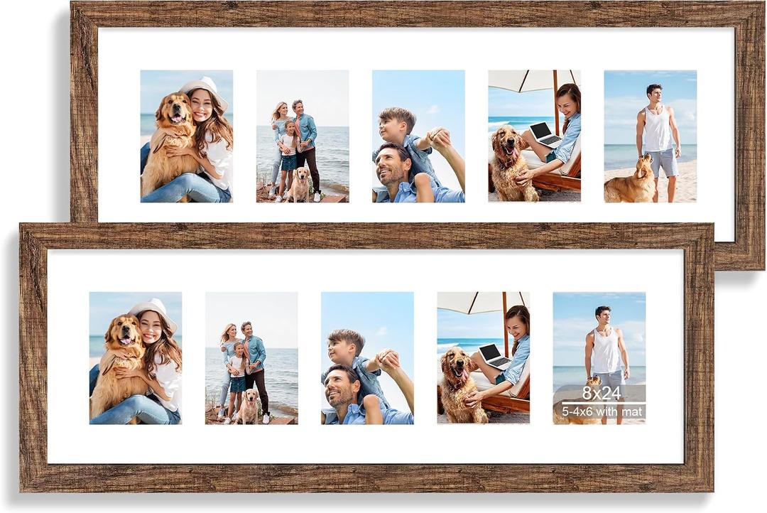 Hongkee 8x24 Picture Frame 2 Pack, Rustic Brown Wood Frame with Tempered Glass, Display Pictures Multiple Five 4x6 With Mat or 8 x 24 Without Mat - Horizontal or Vertical Wall Mounting
