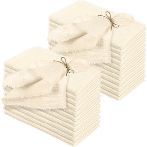 Preboun 24 Pcs Fringe Napkins Bulk Cloth Cotton Soft 17 x 17 Inch Rustic Reusable Washable Festive Square Table Napkins with Fringe for Parties Wedding Restaurant Table Accessory(Ivory)