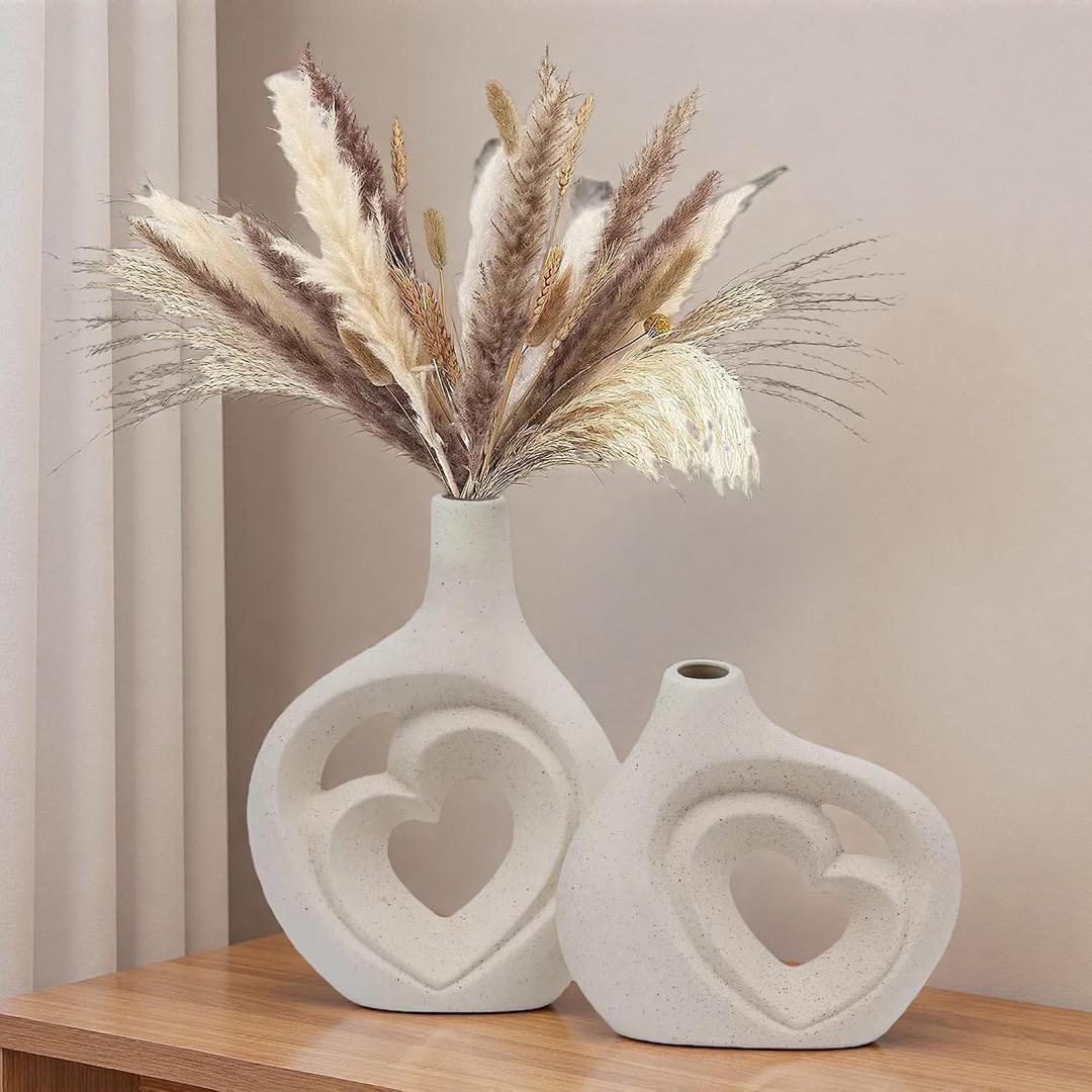 Cream White Ceramic Heart Shaped Vases Set of 2 | 8.5in Nordic Design, For Home Decor, Table Centerpiece, Wedding & Living Room, Bookshelf & Office & Entryway