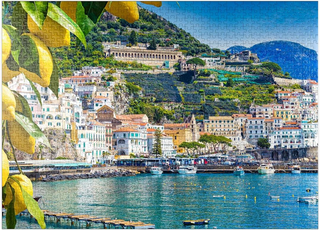 MyPuzzle Panoramic View of Beautiful Amalfi On Hills Leading Down to The Coast, Campania, Italy - Premium 1000 Piece Jigsaw Puzzle for Adults