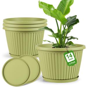 14-inch-Large-Planters-for-Outdoor-PlantPlastic Indoor Flower Pots with Drainage Holes & Saucer4 Packs Decorative Garden Pots for Plantfor Home Porch Decor